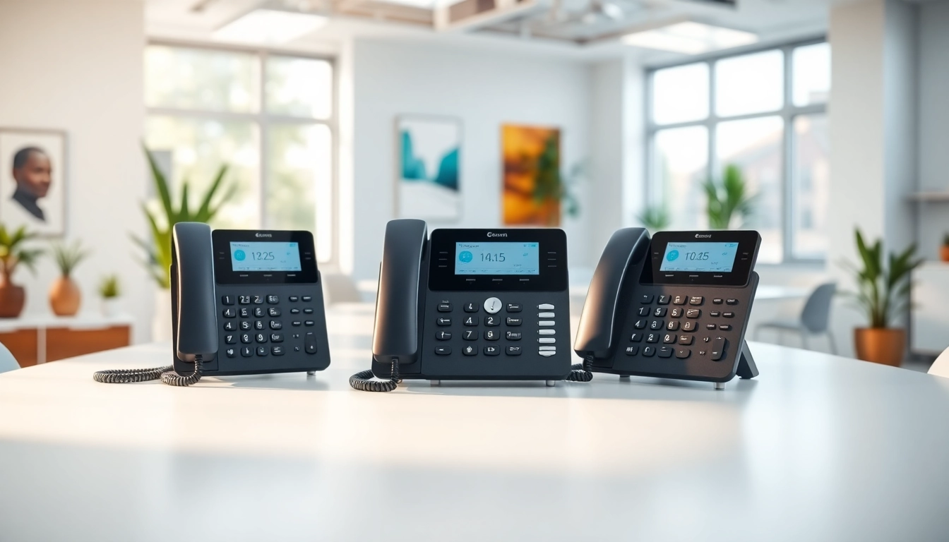 Showcase of phone systems for small business in a bright, professional office setup.