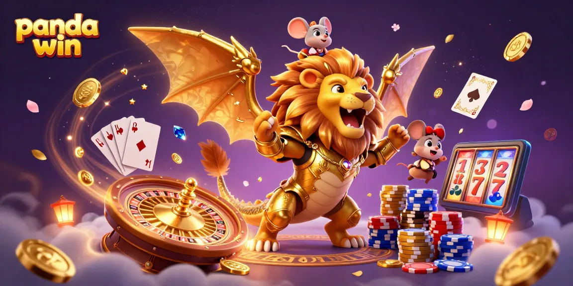 Panda win triumphs with a roaring chimera, golden coins, and vibrant casino game elements.