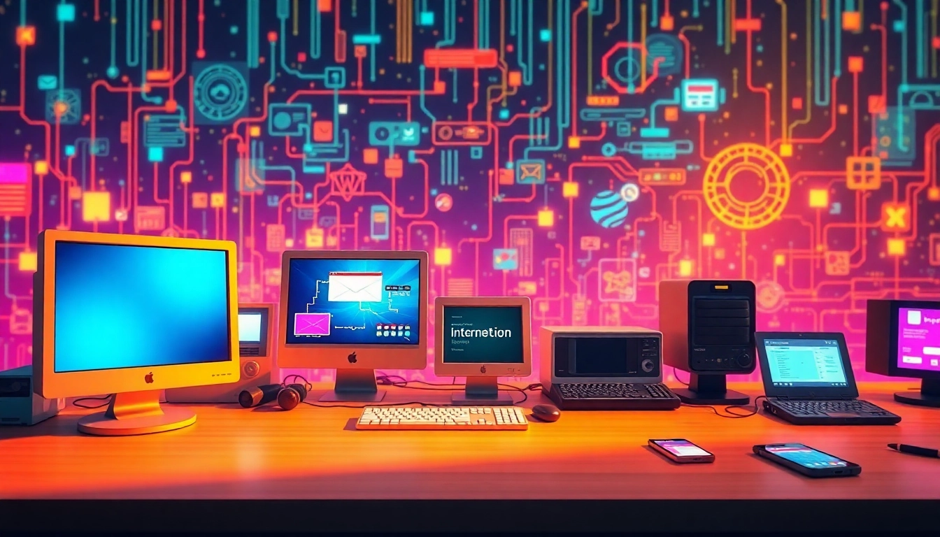 Explore the key milestones in internet history through a vibrant illustrated timeline.