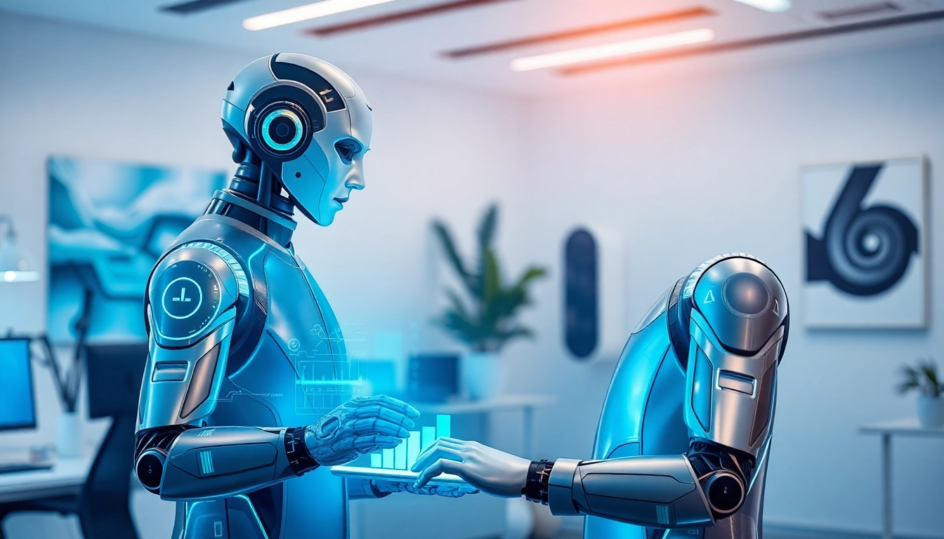 Ai agents working collaboratively in a modern office, showcasing advanced technology and holograms.