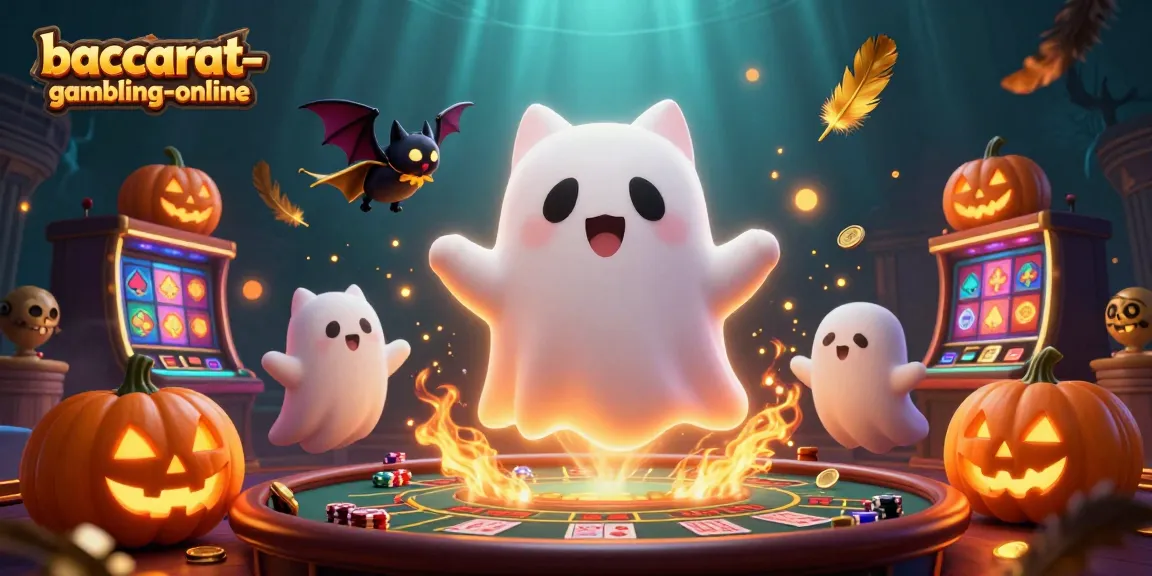 Engage in exciting baccarat-gambling-online with a ghost cat and vampire bat in a vibrant casino scene.