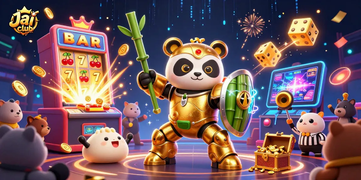Engage with the thrilling action at Jai Club featuring a mech-suit panda in a vibrant casino arena.