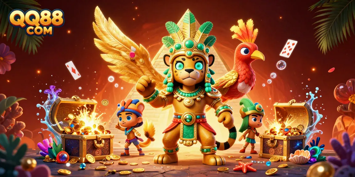 Win big at QQ88 COM with a vibrant 3D illustration showcasing dynamic casino gameplay elements.