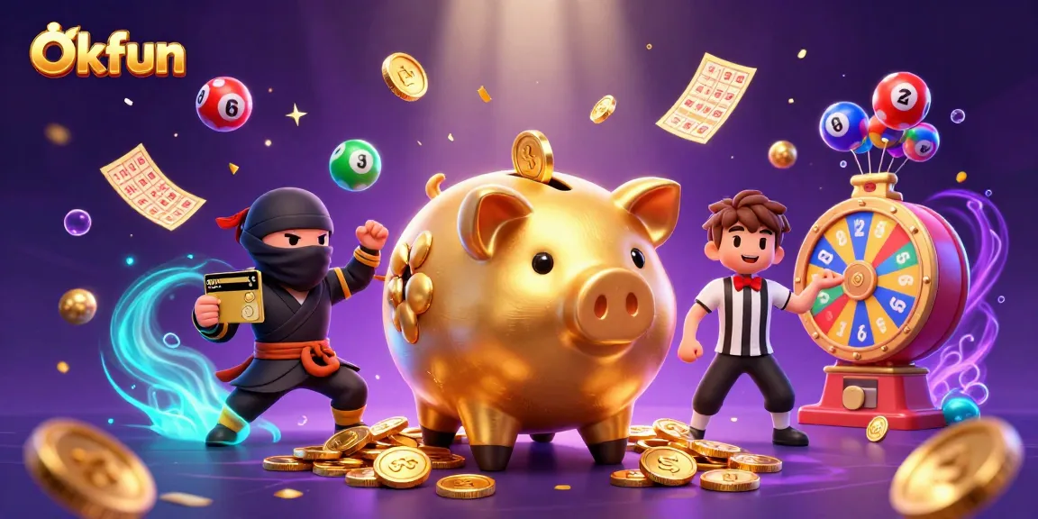 Engage with Okfun's thrilling gambling experience featuring colorful lottery elements and dynamic characters.