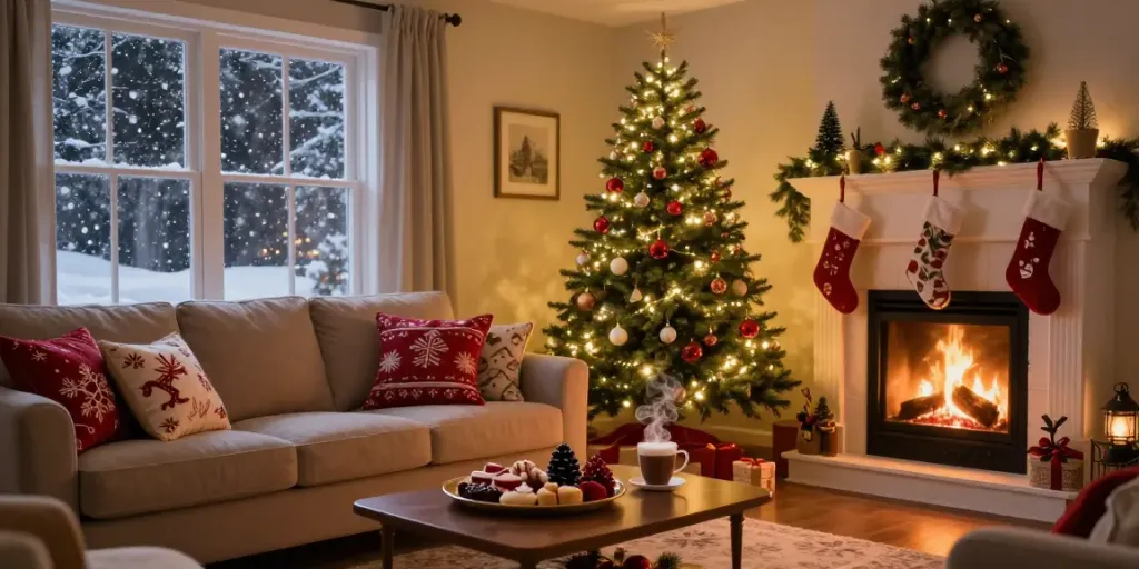 Beautiful slim Christmas tree decorated with lights and ornaments in a cozy living room, festive atmosphere.
