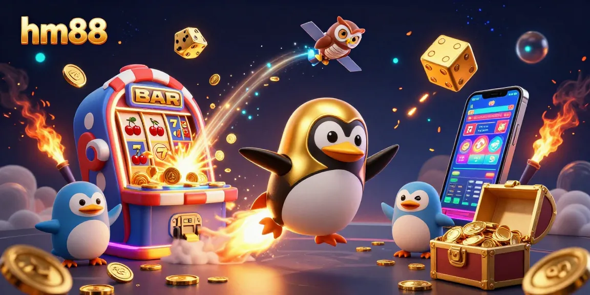 Experience the thrill of hm88 casino with golden penguins and jackpot explosions in this dynamic illustration.