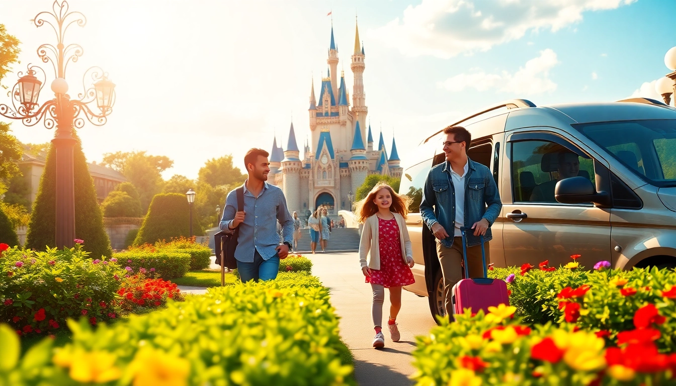 Families enjoying transfers from paris airport to disneyland with luggage in hand and smiles.