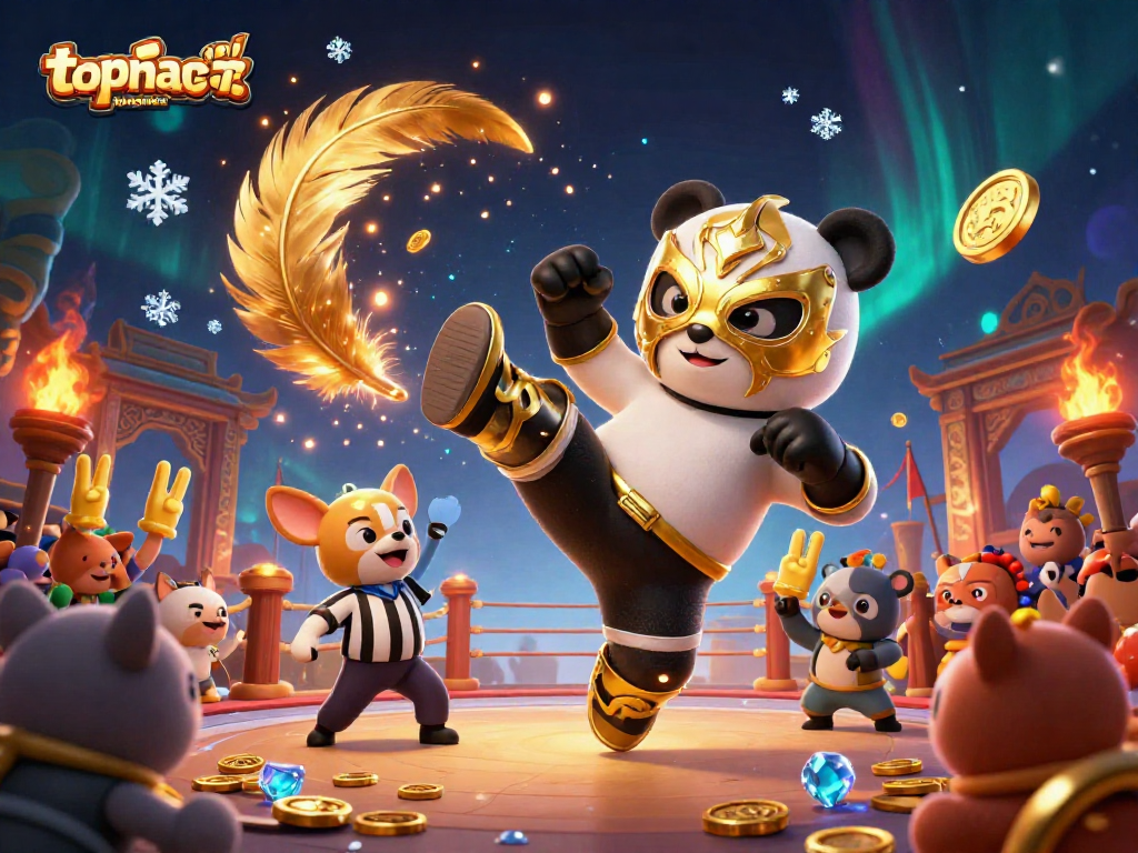 Experience thrilling action in topnhacaiuytinn as a panda wrestler takes a flying kick in a vibrant casino scene.