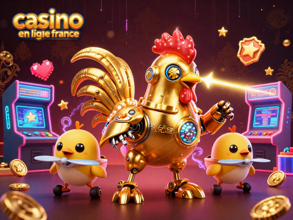 Profitez de l'expérience casino en ligne france avec notre robot coq futuriste dans un univers animé vibrant.