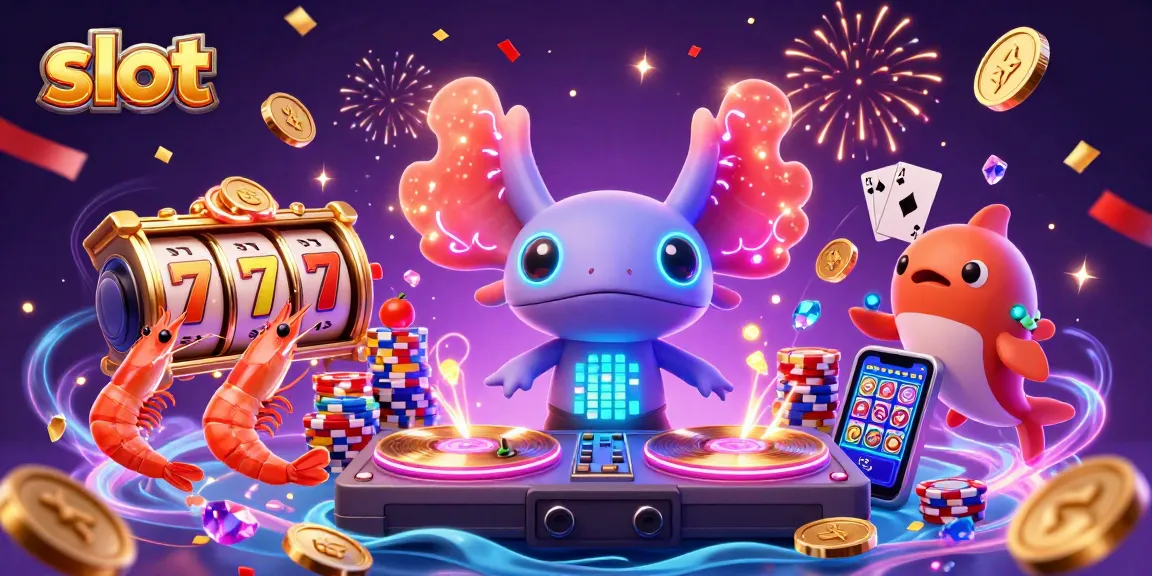 Slot gacor dengan simbol buah, koin emas, dan karakter lucu dalam ilustrasi digital penuh warna.