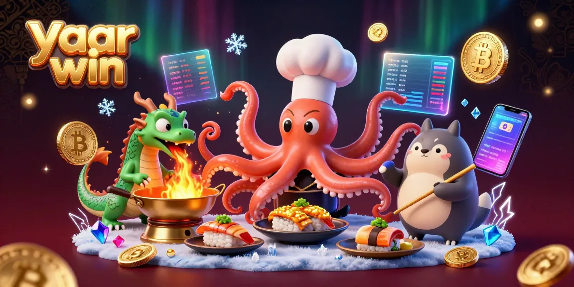 Experience thrilling entertainment with yaar win's vibrant casino art featuring an octopus chef, dragon, and tanuki.