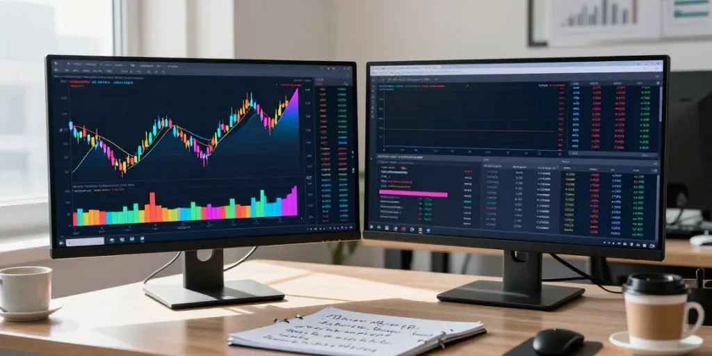 Trader using TradingView in a modern workspace with charts and alerts
