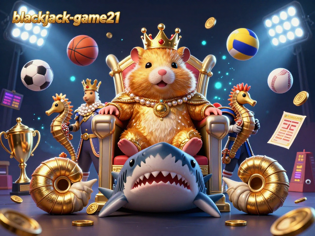 Experience the thrill of blackjack-game21 with a hamster king on a megalodon throne amidst vibrant sports elements.