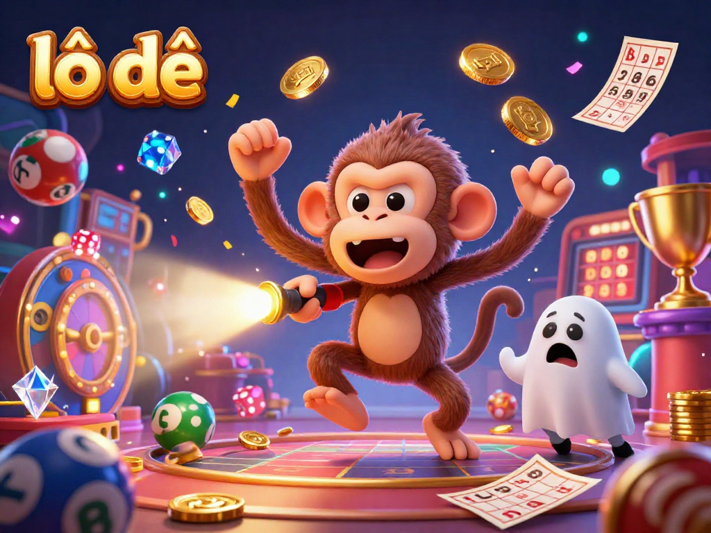 Experience lô đề excitement with a vibrant lottery-themed casino scene featuring a playful monkey and ghost-hunting puppy.