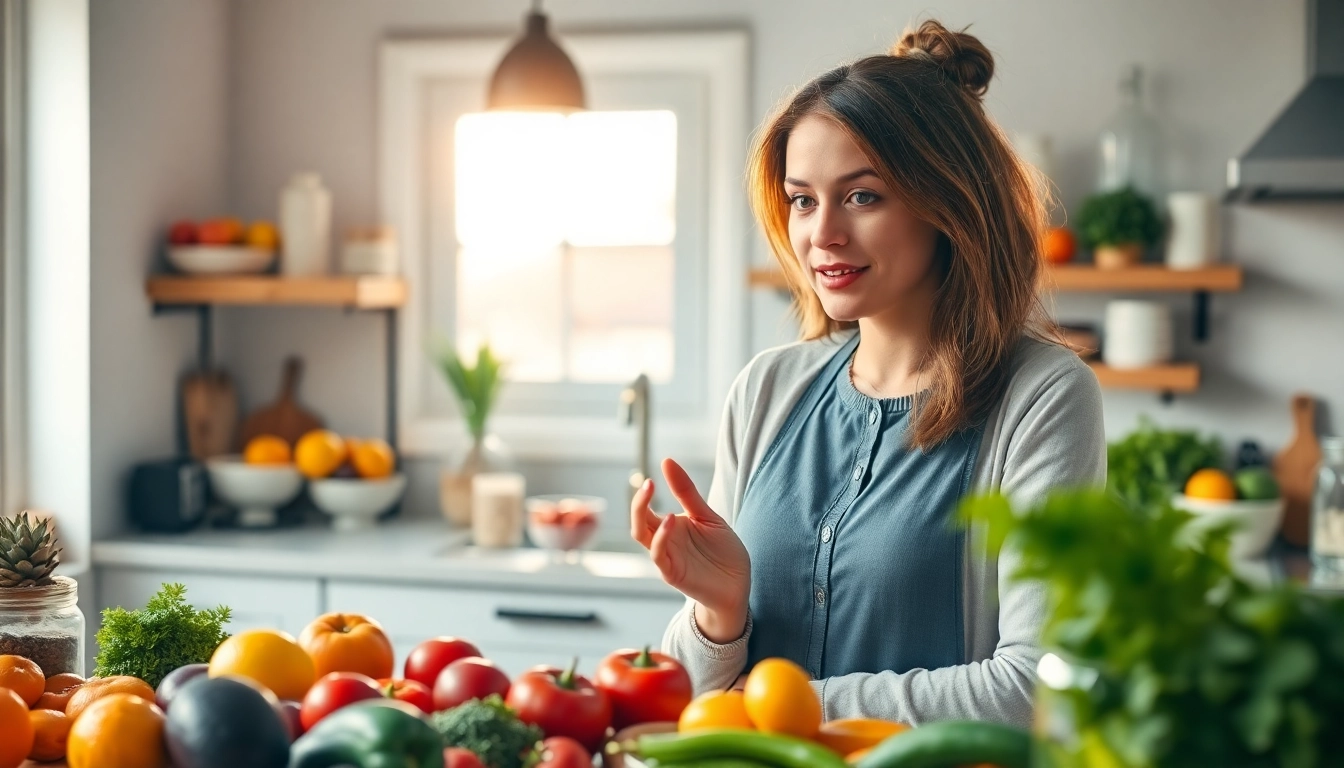Nutritionist explaining a Weight Loss Diet with healthy foods in a bright kitchen.