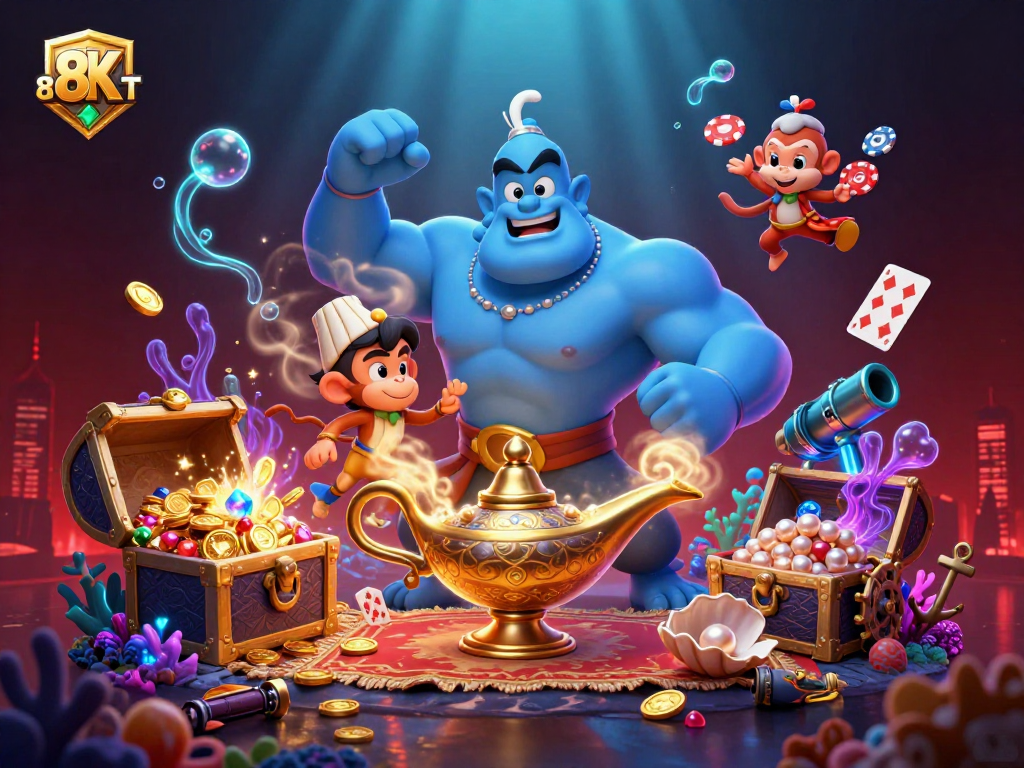 Engage with 8XBET's vibrant casino world featuring a powerful genie, treasure, and dynamic gaming elements.