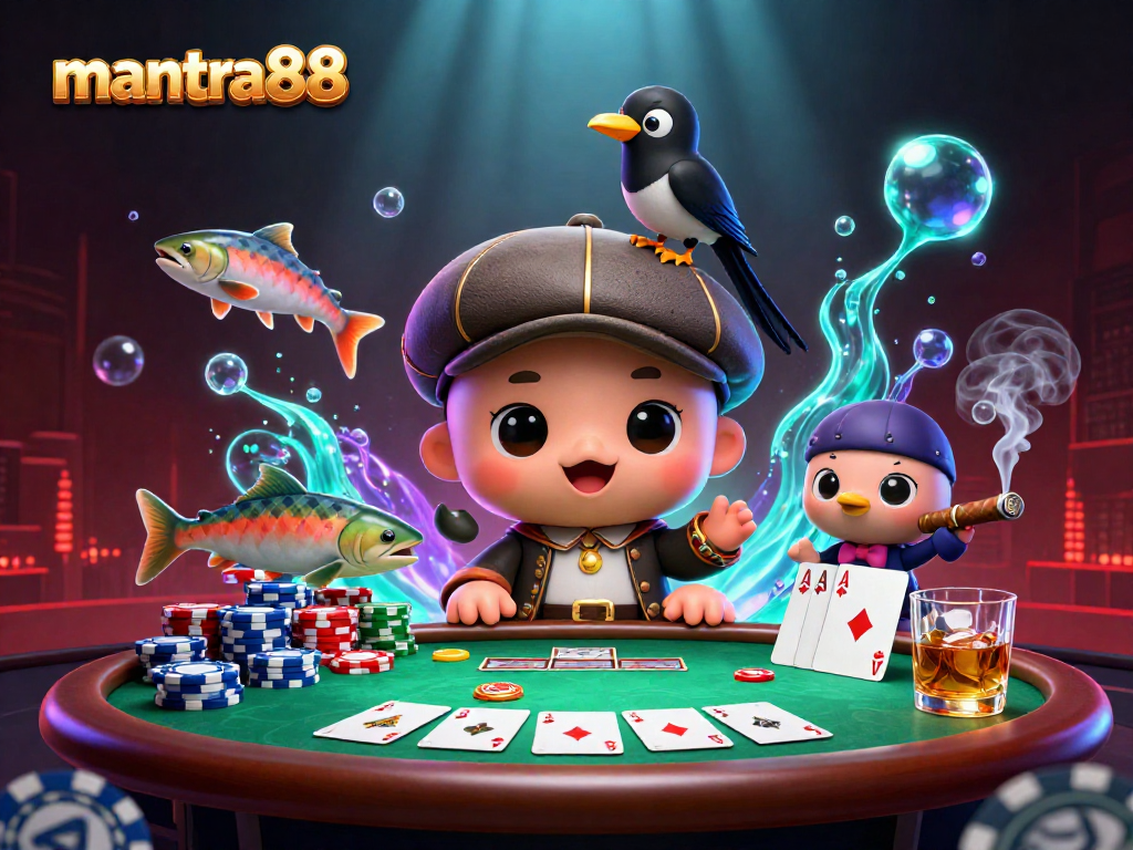 Play win at mantra88 with an aquatic poker scene featuring baby Nessie and gold coins.