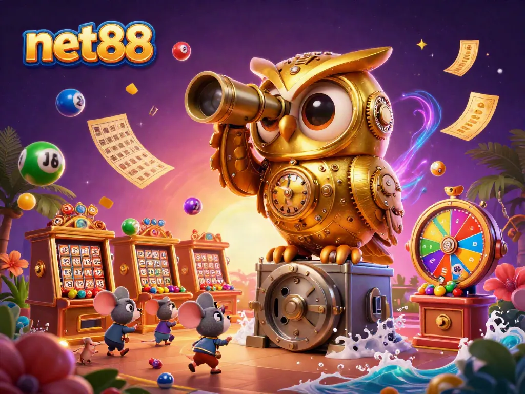 Catch thrilling moments with net88's 3D illustration of a vibrant casino scene showcasing games, lottery balls, and more.