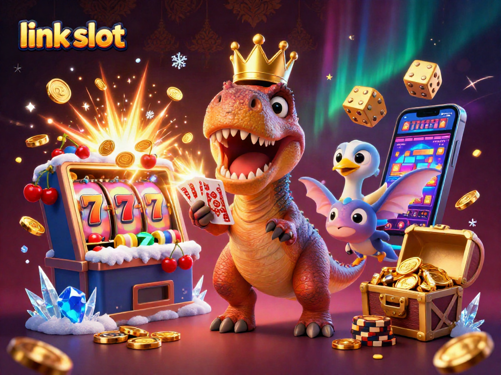 Engage with link slot action as T-Rex shuffles cards, while a Pterodactyl assists amidst jackpot excitement.
