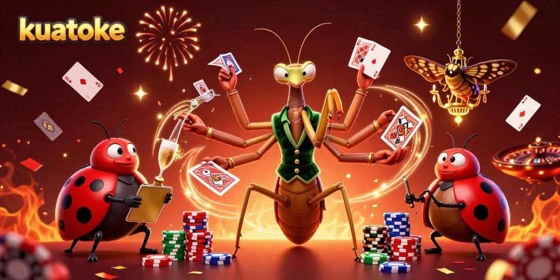 Kuatoke features a lively casino scene with a card sharp and pit boss amidst poker chips, cards, and roulette.