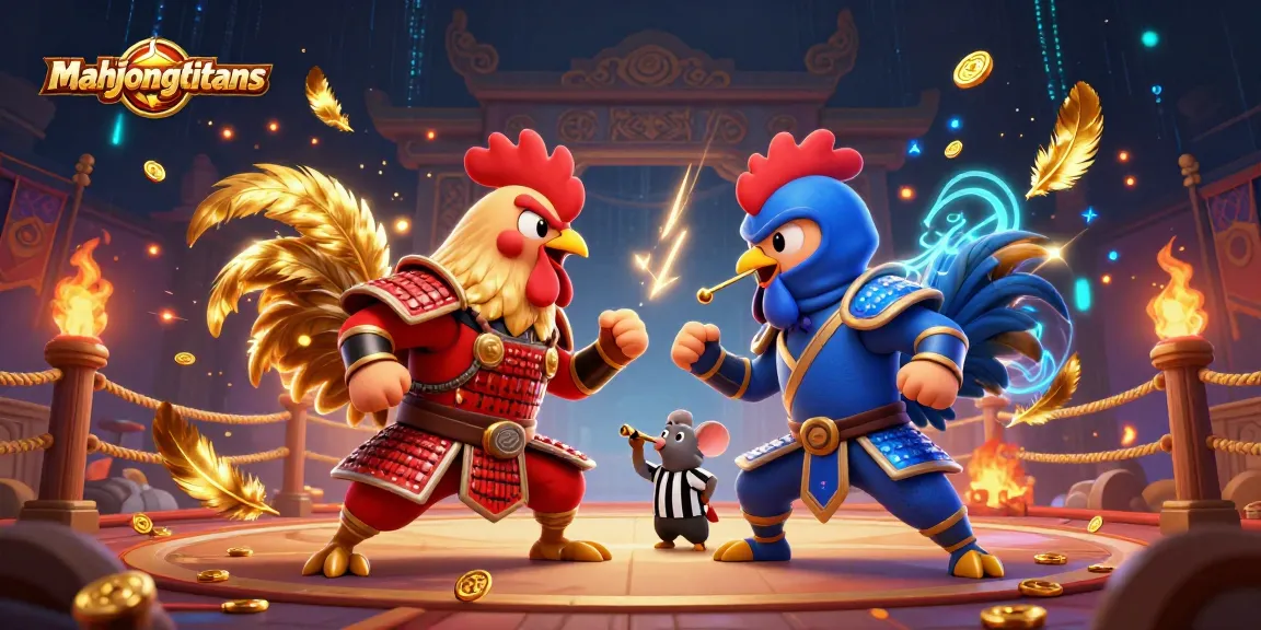 Engage with mahjongtitans in an epic battle of strategic gambling featuring roosters, gold coins, and a dramatic arena.