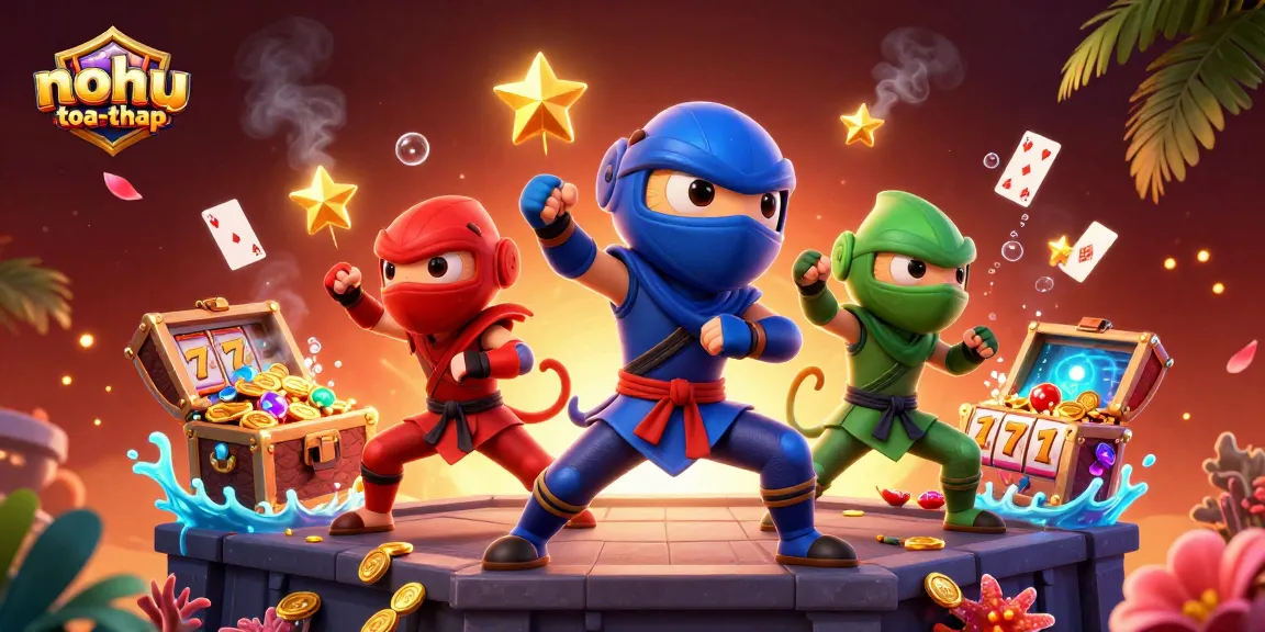 Experience high-energy gameplay with nohu-toa-thap amidst colorful characters, slot reels, and treasure chests in a vibrant 3D illustration.