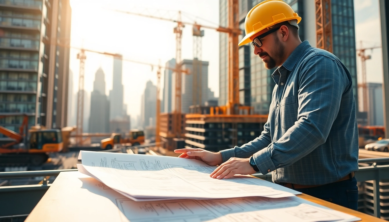 Manhattan Construction Manager analyzing blueprints on a busy construction site in NYC.