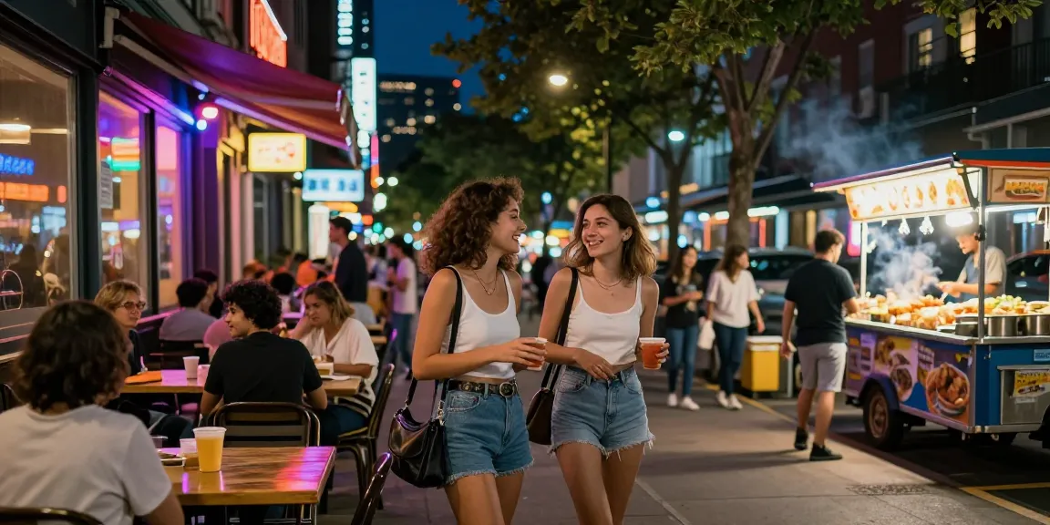 Gái gọi tận hưởng không khí phố phường sôi động tại quán cà phê ngoài trời.