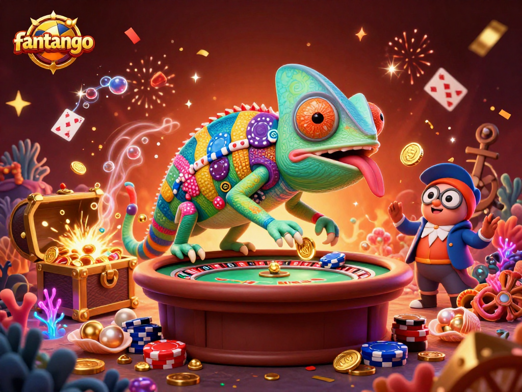 Experience the thrilling gameplay of fantango with a dynamic chameleon casino owner amidst vibrant casino elements.