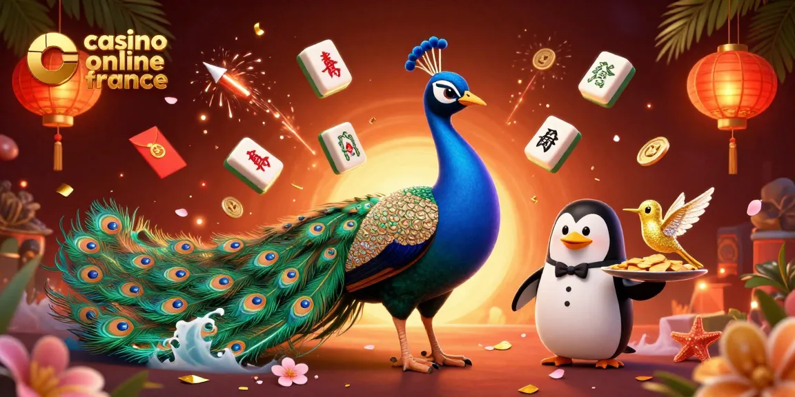 Découvrez le vibrancy d'un casino online france avec un paon aristocratique entouré de jetons et de symboles de bonne chance.