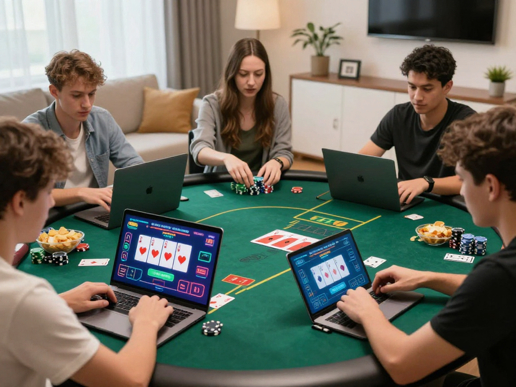 Enthusiastic players engaged in Poker88 online gaming at home, vibrant atmosphere with interactive screens.