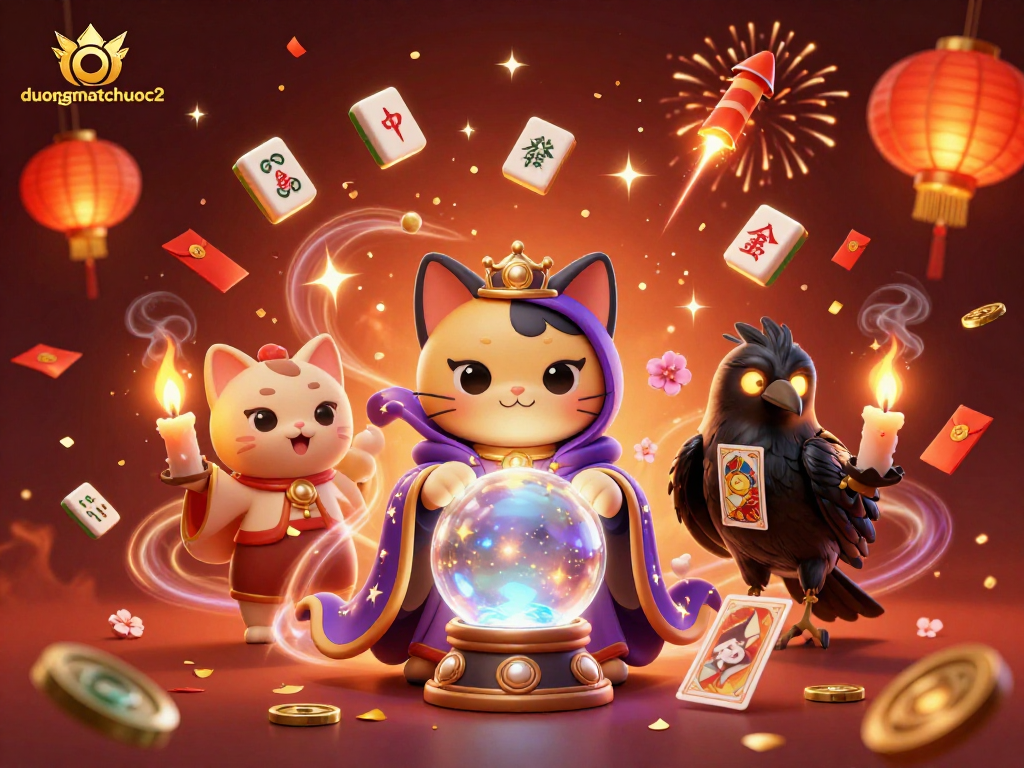 Engage in winning strategies with duongmatchuoc2 as the mystic cat unveils fortunes amidst vibrant celebration elements.
