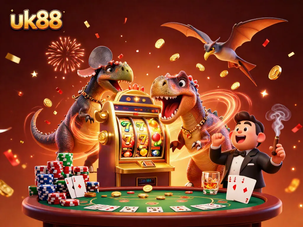 Experience thrilling jackpots with uk88 as characters delight in a chaotic casino scene filled with excitement and colorful chaos.