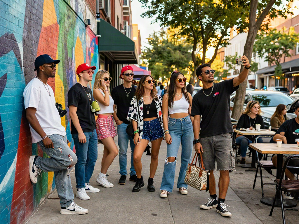 Group of friends showcasing celebrity-inspired fashion styles in a vibrant urban setting, representing celebrities look alike trends.