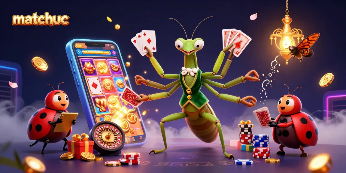 Matchuoc brings excitement as a giant mantis deals cards in a lively casino scene.