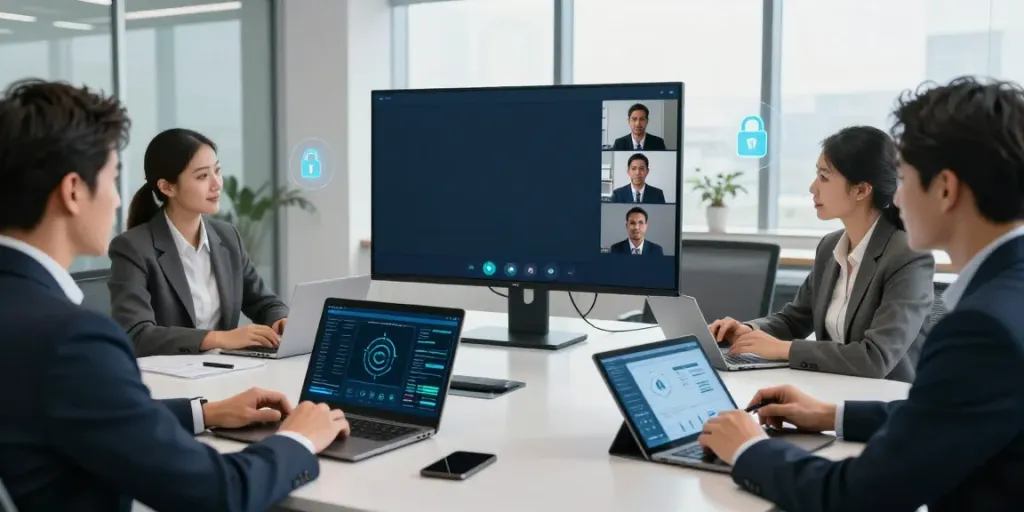 Deepfake protected meetings featuring professionals collaborating in a secure environment with technology.