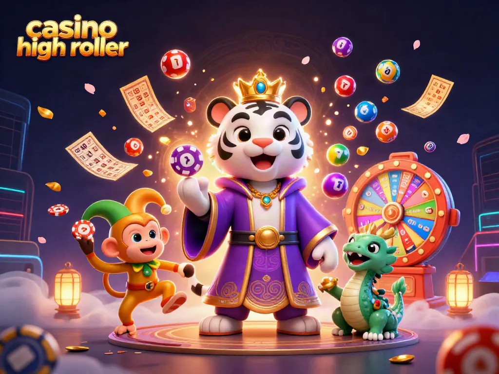 Engage with elite casino high roller excitement featuring a royal tiger, jester monkey, and jade dragon amidst dynamic casino elements.