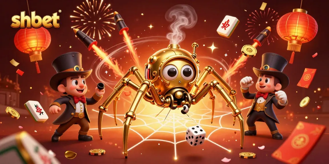 Catch elusive dice in the shbet web crafted by a golden steampunk spider, illustrating high-stakes gambling.