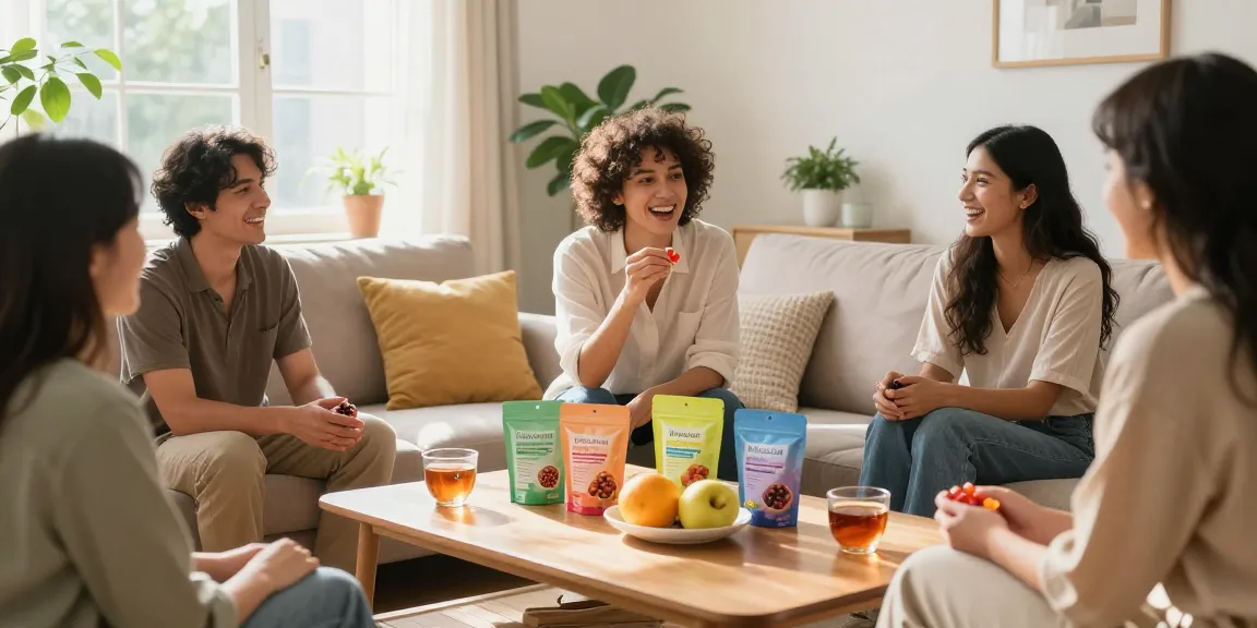 Kratom gummies shared among friends in a cozy living room, highlighting wellness and relaxation.