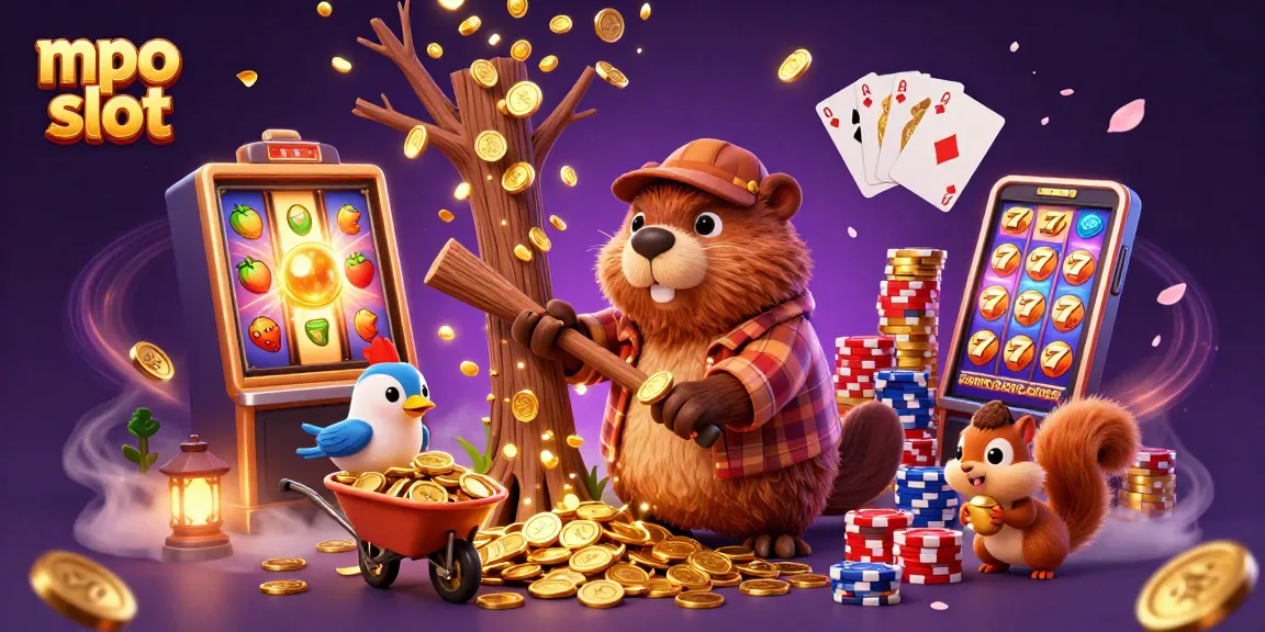 Engage with mpo slot action featuring a beaver collecting golden coins and lucky symbols in a vibrant casino scene