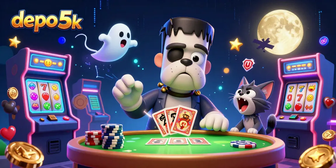 Permainan slot gacor di depo 5k, dengan karakter lucu dan simbol jackpot menonjol.