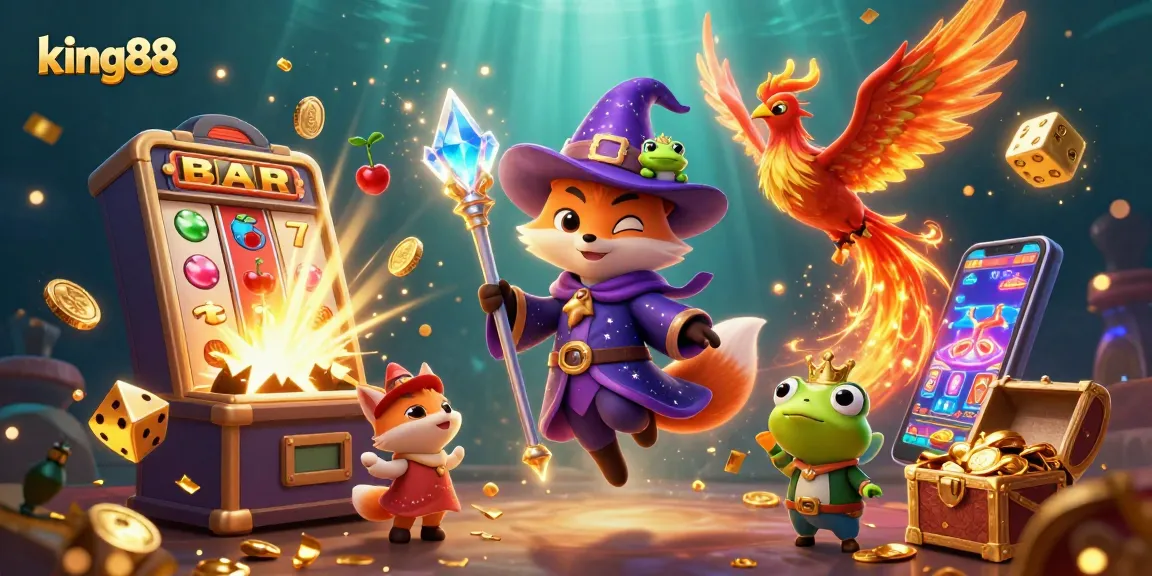 Experience the thrill of winning at king88 with a magical illustration lively with casino elements and dynamic characters.