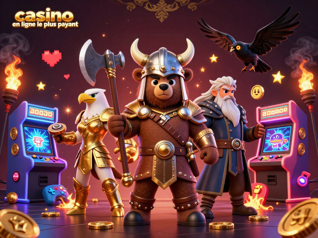 Vivez l'excitation du casino en ligne le plus payant avec un ours viking et une aigle valkyrie dans une scène colorée.
