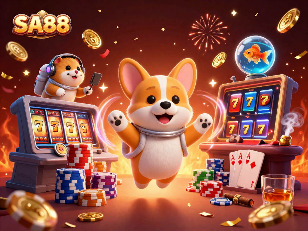 SA88 engaging illustration of a floating astronaut corgi in a vibrant casino with slot reels and poker elements.