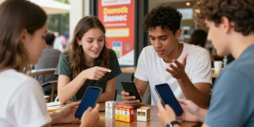 Group of young adults comparing prices while looking to buy cheap cigarettes online Australia in a lively café.