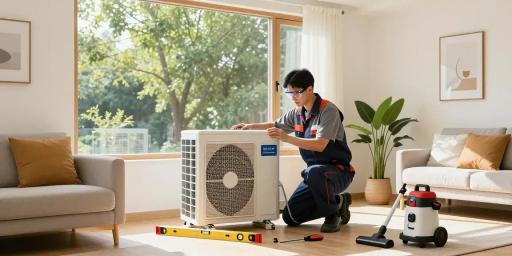 Air Conditioner Install Calgary in a cozy living room with a technician installing AC unit.