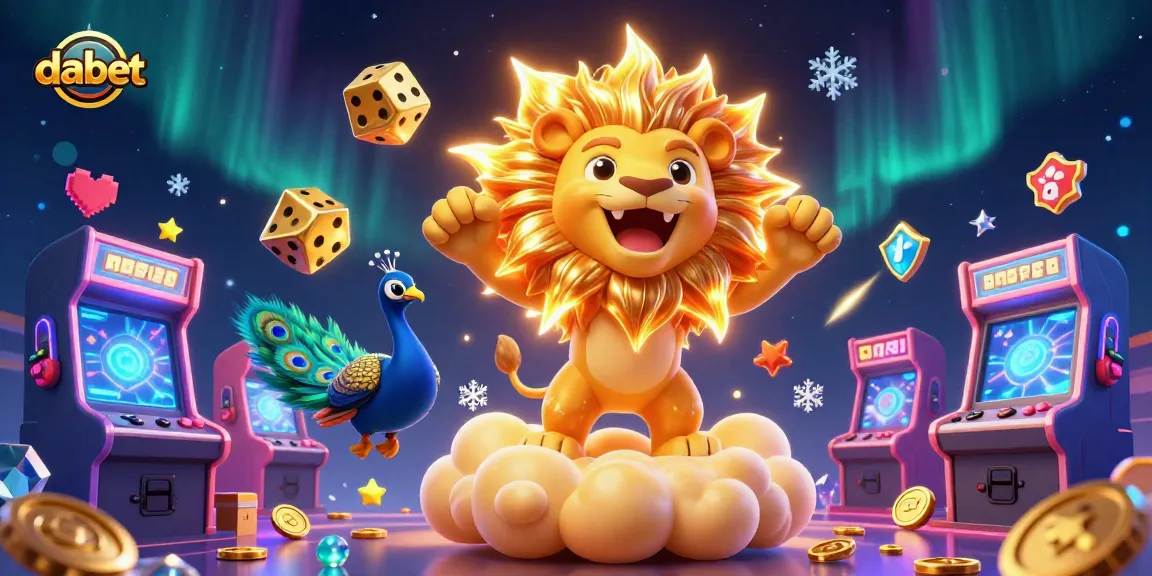 Dabet casino games come alive with a roaring lion, tumbling dice, and vibrant gaming elements.