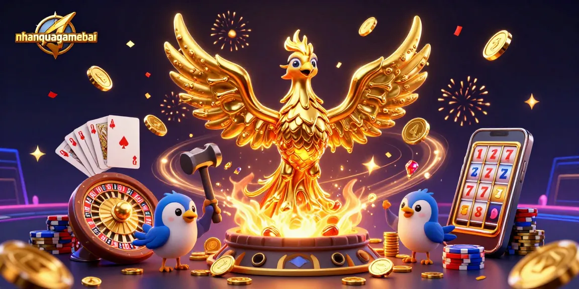 Engage with the thrilling world of nhanquagamebai through this animated casino scene, showcasing a golden phoenix and vibrant game elements.