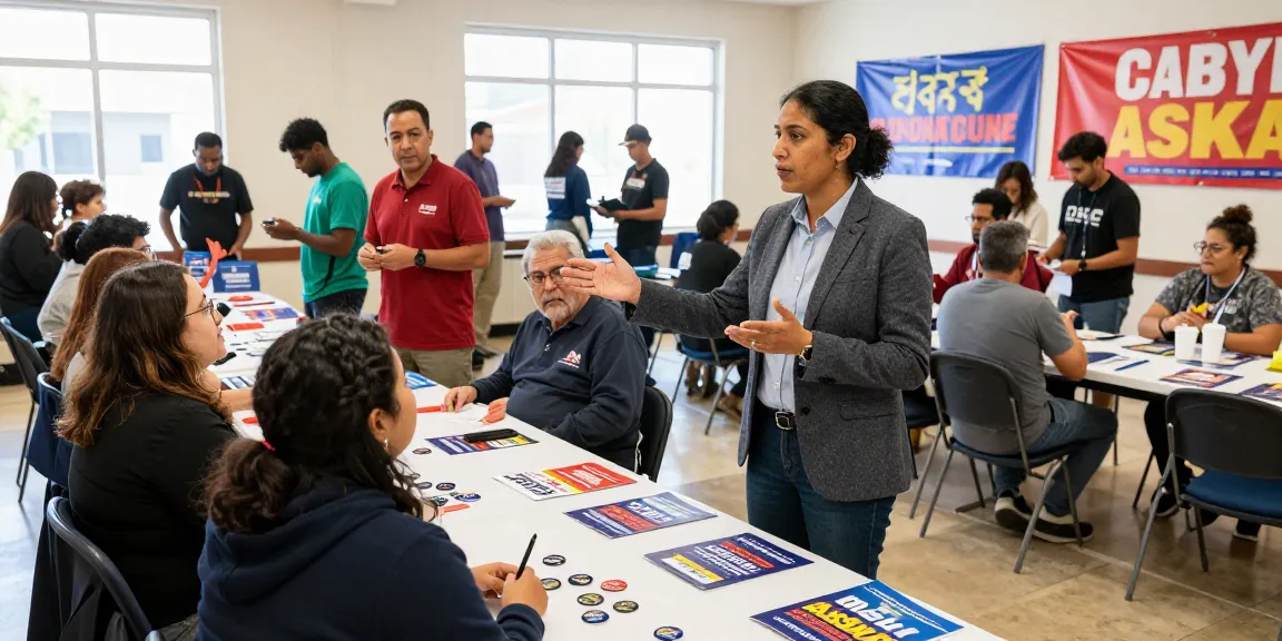 Casey Askar campaigning in a community center, engaging with voters in an interactive political event.