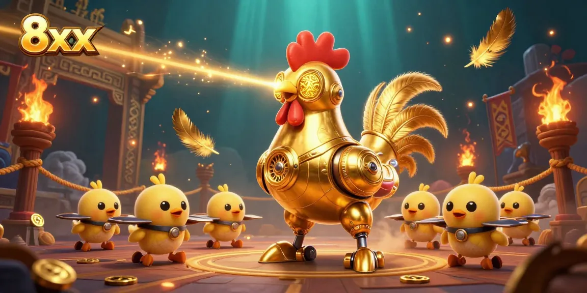 Bet on 8xx with a dynamic arena showcasing a golden rooster robot and baby chick drones.